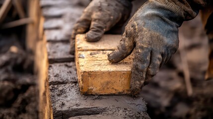 Close-up of the gloved hands of a bricklayer laying a clay brick over fresh mortar or cement on brick wall under construction. Worker building masonry house wall with bricks, concept.