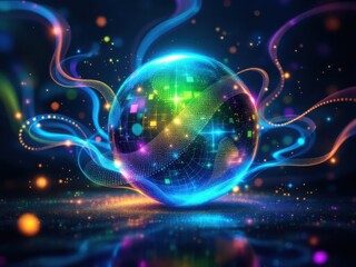 Vibrant Digital Globe with Neon Lights and Data Streams"