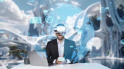 Smart project manager sharing marketing idea while sitting at table with laptop while wearing virtual reality glasses. Skilled businessman looking and checking at financial chart floating. Apparatus.