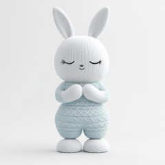 Obraz premium Handcrafted white bunny doll with knitted texture, standing on plain background, exuding charming and cozy vibe. Perfect for children decor or as gift