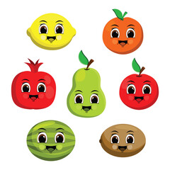 Vector illustration of a set of cute groove fruits with a funny face.