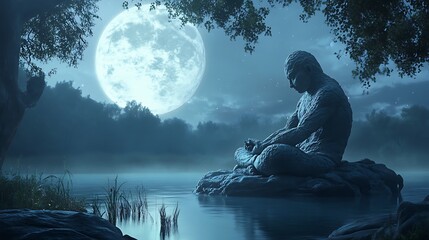 Serene water golem meditating by a peaceful lake under the moonlight
