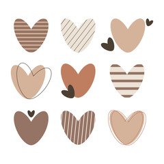 A set of vector beige, brown hearts with various patterns on a white background.