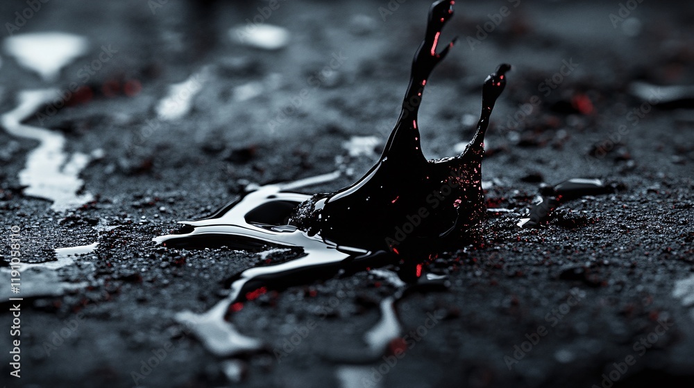 Poster Black liquid splashing on dark surface with red highlights