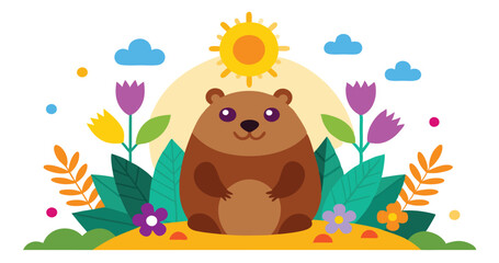 Groundhog cartoon character on nature background 