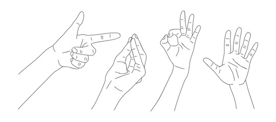 Different hand gestures set. Signs, expressions with pointing fingers, OK symbol, handshake. Line art vector drawing illustrations isolated