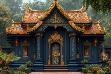 Beautiful ornate temple located in a lush forest, showcasing intricate designs and vibrant colors during a misty morning