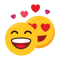 Fototapeta premium Yellow romantic cute couple emoji smiling face with heart-eyes showing teeth surrounded by red hearts design icon sign silhouette vector illustration on white background