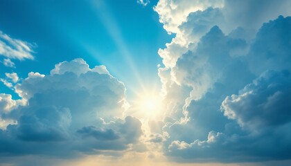 Heavenly Sunbeams Piercing Through Cumulus Clouds: A Breathtaking Celestial Panorama