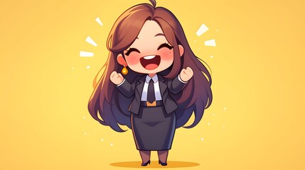 A joyful woman in a suit, radiating positivity with her vibrant expression in a chibi style
