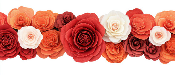 Fototapeta premium Vibrant paper rose arrangement in red, orange, and white tones on white background
