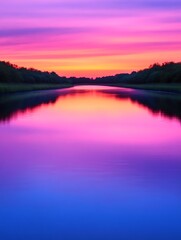Vibrant sunset reflected in calm lake