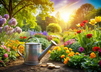 Spring Garden Watering Can: Blooming Flowers & Vegetable Patch