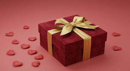 Fototapeta premium Wrapped with Love: A ruby-red gift box, adorned with a golden bow, surrounded by heart-shaped candies, set against a matching backdrop.