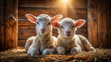 Fototapeta premium Spring Lambs in Rustic Barn - Adorable Newborn Farm Animals