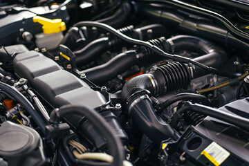 Fototapeta premium Detailed view of a contemporary vehicles engine bay containing b