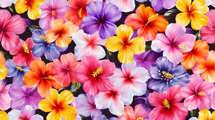 Vibrant Hibiscus Flowers In A Colorful Floral Pattern