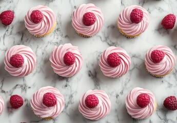 Delightful Pink Raspberry Cupcakes with Creamy Swirl Frosting Arranged on Marble Surface for Beautiful Dessert Presentation and Baking Inspiration