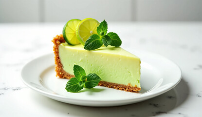 A photorealistic image of a key lime pie garnished with a lime wedge
