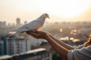 Peaceful morning: hands holding a dove over a cityscape at sunrise.Crime victims support day