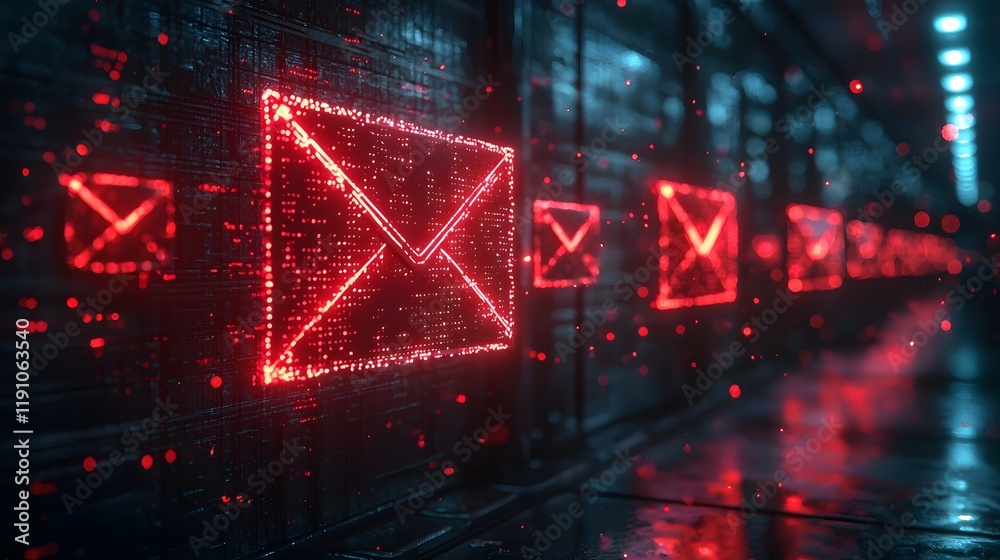 Poster simulated phishing email with red warnings and fraud detection bot scanning for malicious links