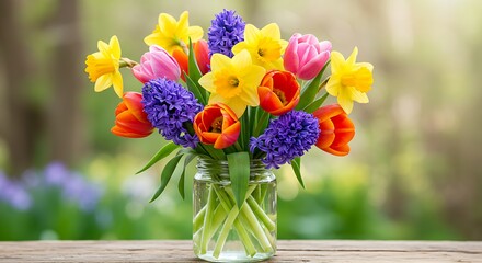 A vibrant bouquet of spring flowers like daffodils, tulips, and hyacinths in a glass jar