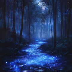 Naklejka premium Ethereal Forest Stream in Blue Light