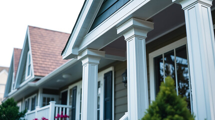 Fototapeta premium Elegant Home Exterior: Modern House with Classic Porch Columns and Landscaping