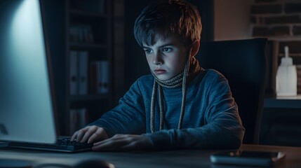 Young Boy Using Computer With Rope Around Neck
