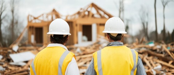 Volunteers working side by side to rebuild homes after a natural disaster, capturing the unity and transformative impact of community support in times of need