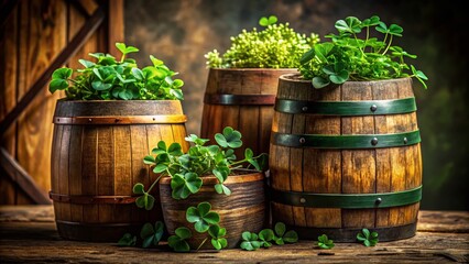 St. Patrick's Day Wooden Barrels with Clover & Greenery - Festive Food Photography