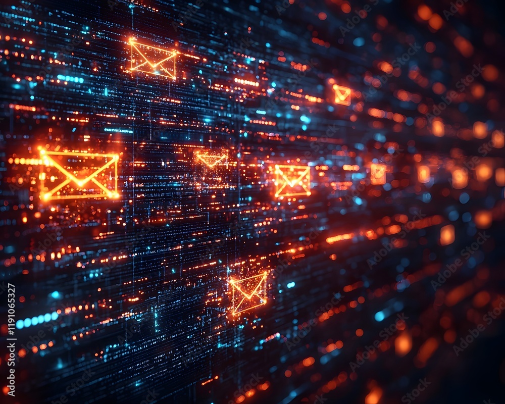 Poster conceptual holographic system analyzing customer emails with dynamic sentiment scores