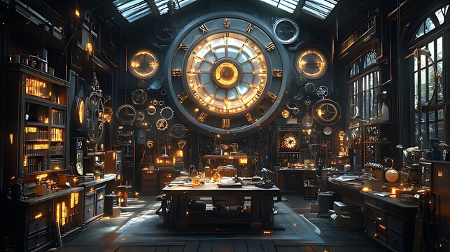 Steampunk inventor's workshop filled with clocks, gears, and alchemical equipment.