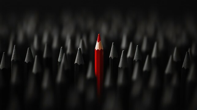 Concept of Thinking outside the box and standing out from the crowd. One red pencil between many gray and black pencils. Isolated on black background with copy space.