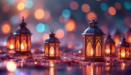 Fototapeta premium Glowing Lanterns: A Festive, Romantic, and Magical Night Scene
