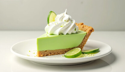 A photorealistic image of a key lime pie garnished with a lime wedge