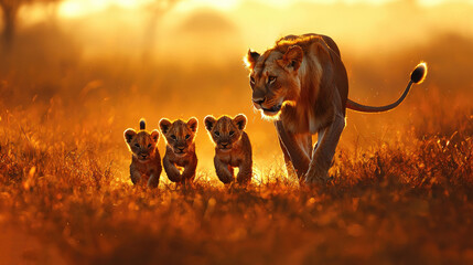 Majestic Lioness Leads Playful Cubs Through Golden Grasslands