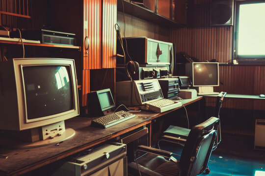 A vintage computer setup featuring CRT monitors and keyboards in