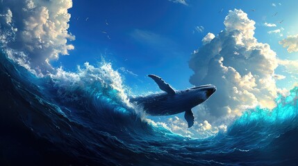 Fototapeta premium Majestic Whale Breaching in Vibrant Ocean Waves Under Blue Sky