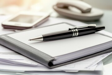 A glossy black pen sits atop a grey notebook with blank pages