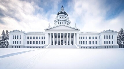 A white state capitol building in winter, against a bright, white sky