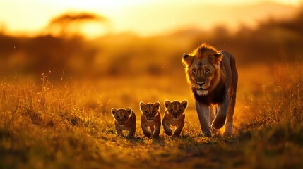 Majestic Lion Walking with Playful Cubs at Sunset in Savanna
