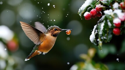Fototapeta premium Vibrant Hummingbird Feeding on Red Berry in Winter Snowfall