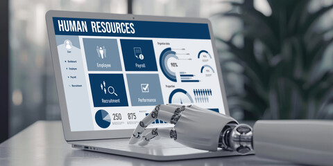 Human resources management software on computer screen helping human resources employee to manage recruitment, payroll, staff searching and KPI evaluation brisk