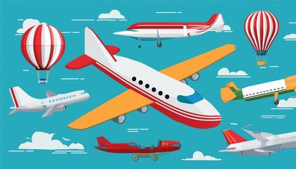 Aeroplane, planes, biplane and hot air balloon flat design