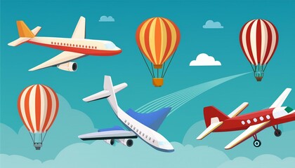 Aeroplane, planes, biplane and hot air balloon flat design
