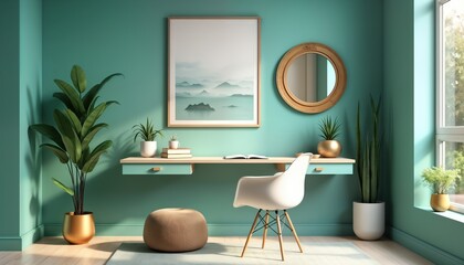 Zen-inspired teal home office interior design with floating desk, under-desk drawer. Calm teal accents, peaceful artwork. Stylish desk chair, plants. Modern interior living room bedroom decor.