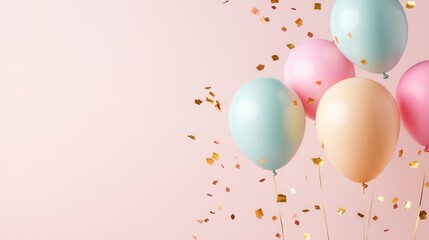 Pastel-colored speech bubbles with shadow effects, layered on a high-energy confetti background