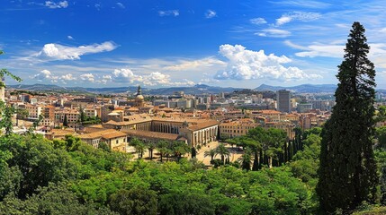 Panoramic view of a city nestled amongst lush greenery under a vibrant blue sky.