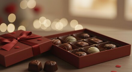 Box of Chocolates: A romantic scene featuring a luxurious red box of chocolates, perfect for gifting, the delectable treats arranged elegantly.